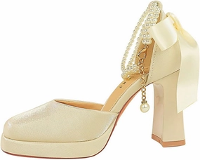 Women's Closed Toe Satin Back Bow Thick Heel Pearl Ankle Strap Platform High Heels Chunky Block Heels Comfortable Wedding Party Dress Shoes