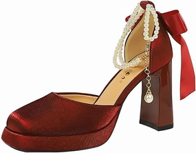 Women's Closed Toe Satin Back Bow Thick Heel Pearl Ankle Strap Platform High Heels Chunky Block Heels Comfortable Wedding Party Dress Shoes