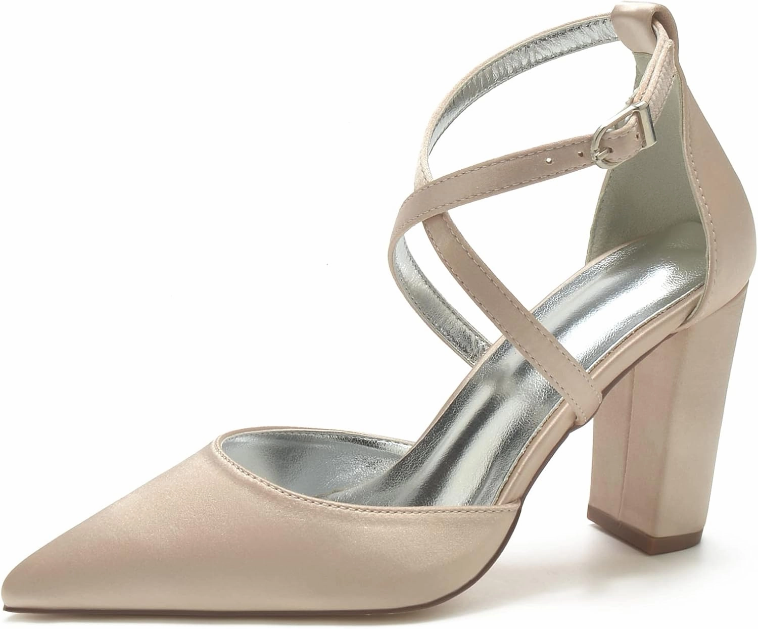 Women's Cross Strappy White Wedding Shoes for Bride High Heels Pointed Toe Bridal Shoes Satin Block Heels Prom Party Dress Pumps Sandals