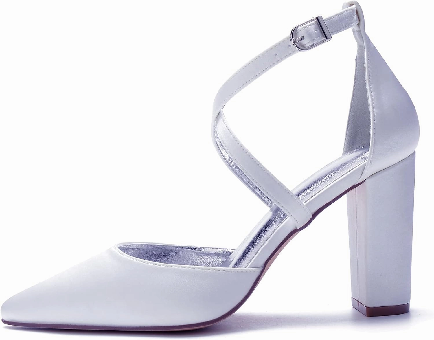 Women's Cross Strappy White Wedding Shoes for Bride High Heels Pointed Toe Bridal Shoes Satin Block Heels Prom Party Dress Pumps Sandals