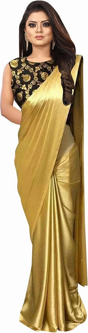 Women's Indian Satin Silk Saree Solid Sari with Blouse Piece