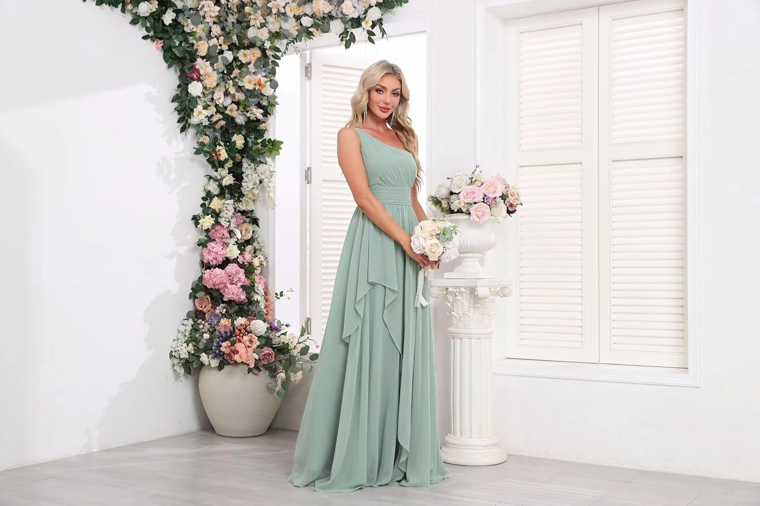 Women's One Shoulder Bridesmaid Dresses Long Ruched Chiffon A Line Formal Party Dress with Pockets