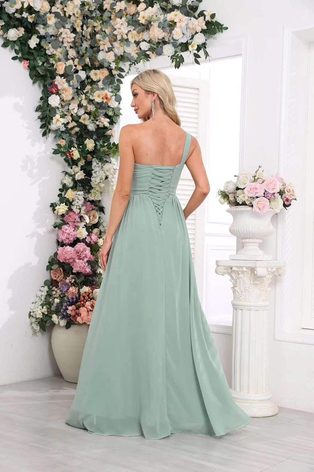 Women's One Shoulder Bridesmaid Dresses Long Ruched Chiffon A Line Formal Party Dress with Pockets