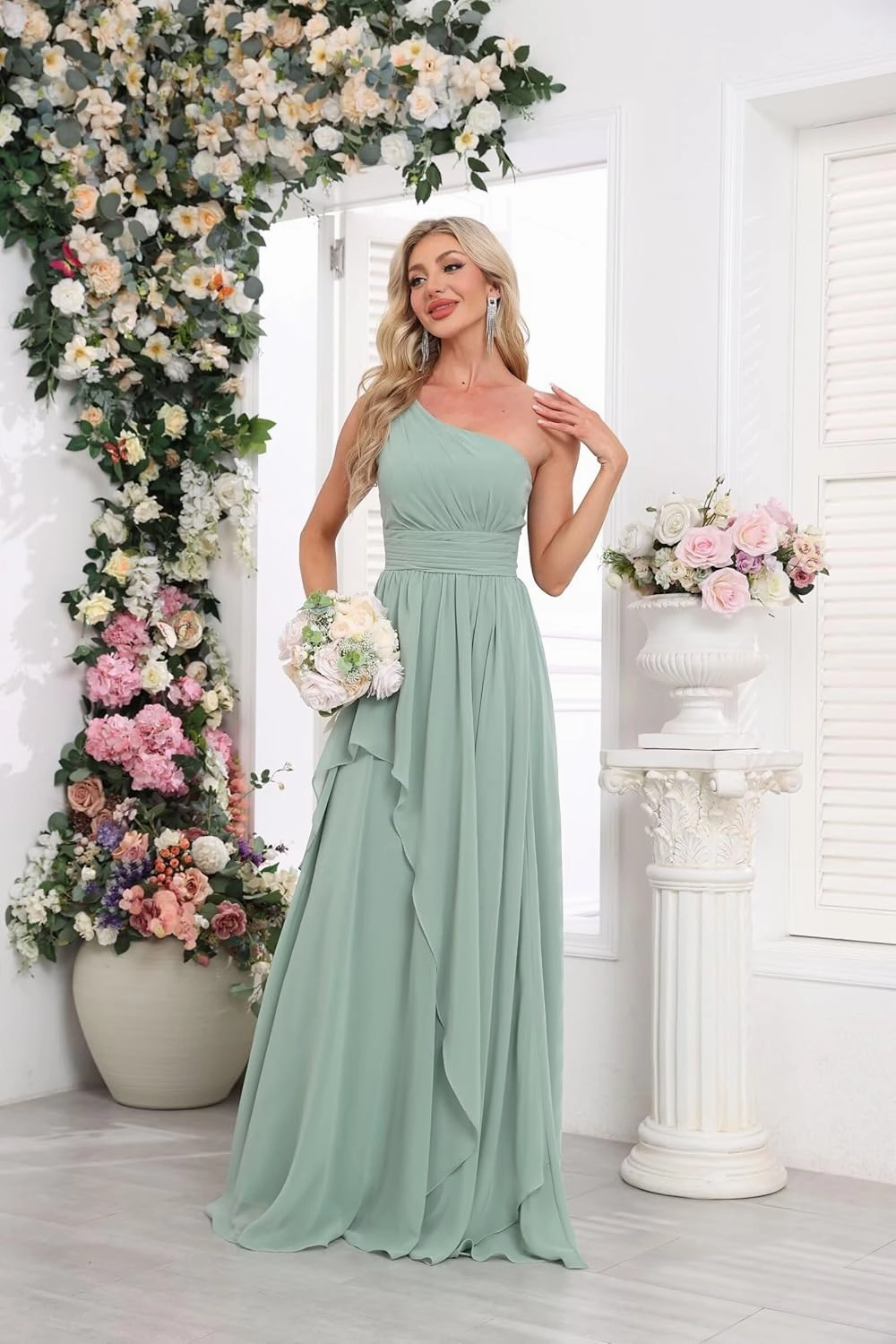 Women's One Shoulder Bridesmaid Dresses Long Ruched Chiffon A Line Formal Party Dress with Pockets