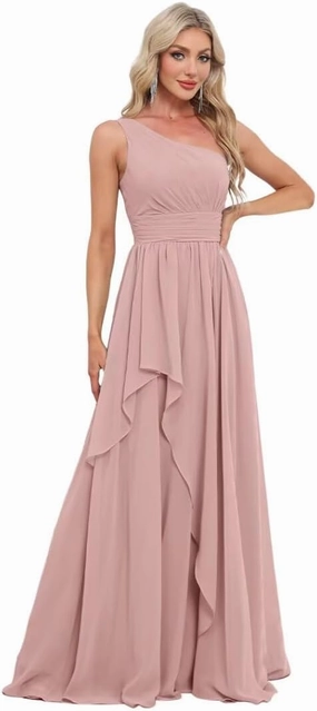 Women's One Shoulder Bridesmaid Dresses Long Ruched Chiffon A Line Formal Party Dress with Pockets