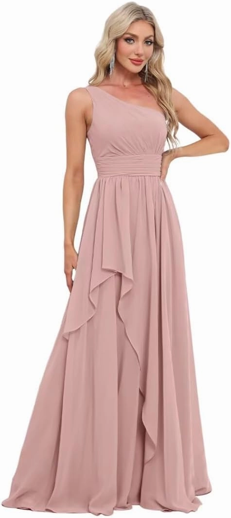 Women's One Shoulder Bridesmaid Dresses Long Ruched Chiffon A Line Formal Party Dress with Pockets