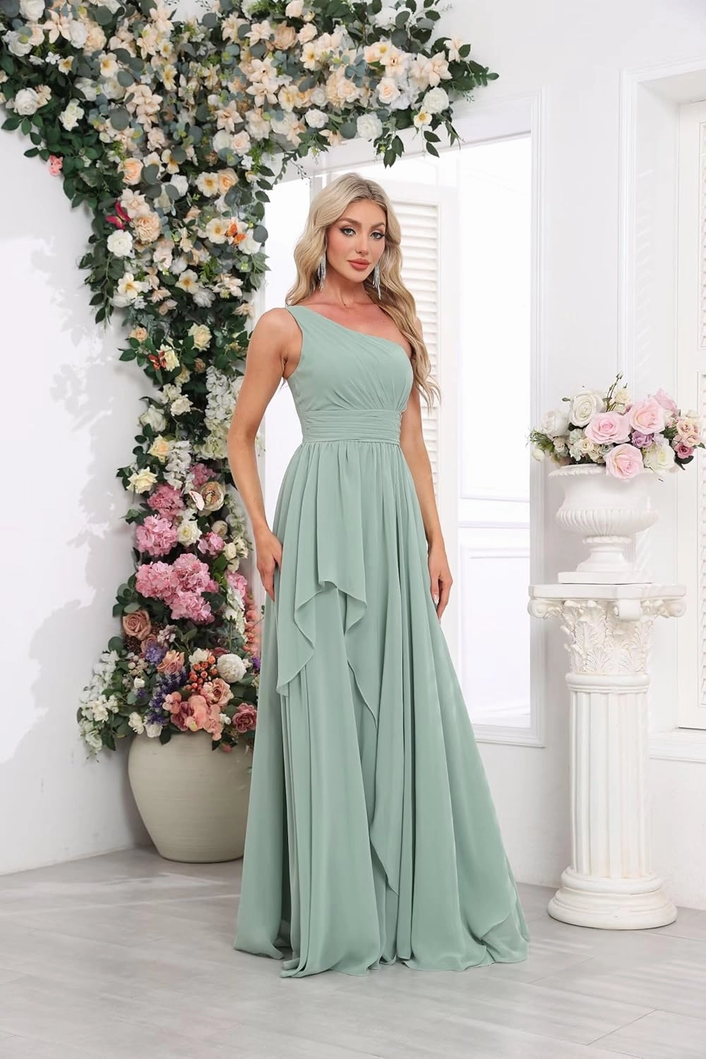 Women's One Shoulder Bridesmaid Dresses Long Ruched Chiffon A Line Formal Party Dress with Pockets