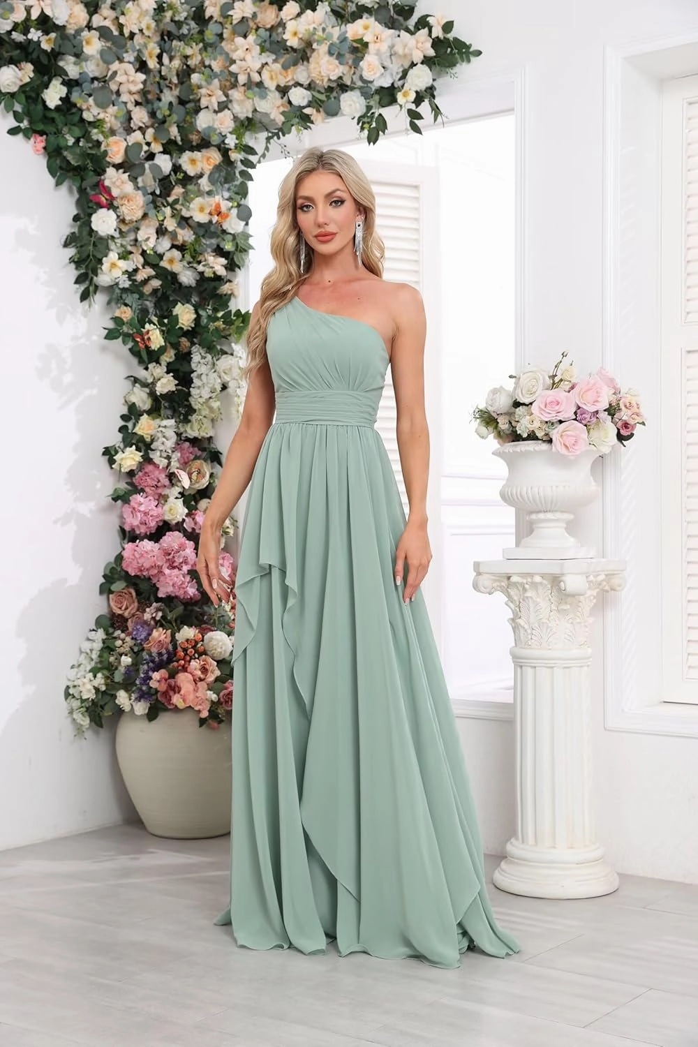 Women's One Shoulder Bridesmaid Dresses Long Ruched Chiffon A Line Formal Party Dress with Pockets