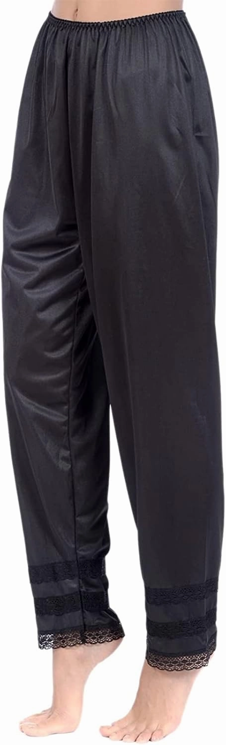 Women's Silk Pettipants Slip Ankle Length Snip-it Pant Liner Satin Culotte Slip Elastic Waistband Lace Sleep Pants