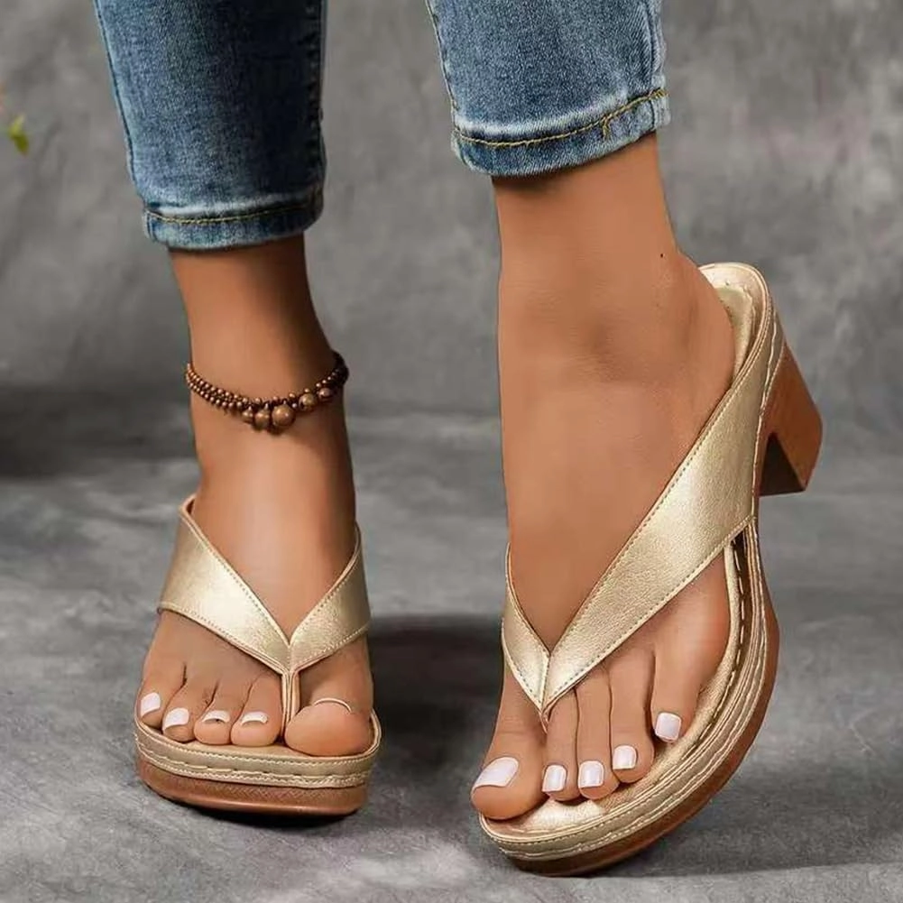 Women's Solid Color Summer Chunky Heel Sandals, Comfortable Arch Support Slides, Open Toe Square Toe Slip On Flip Flops Slippers