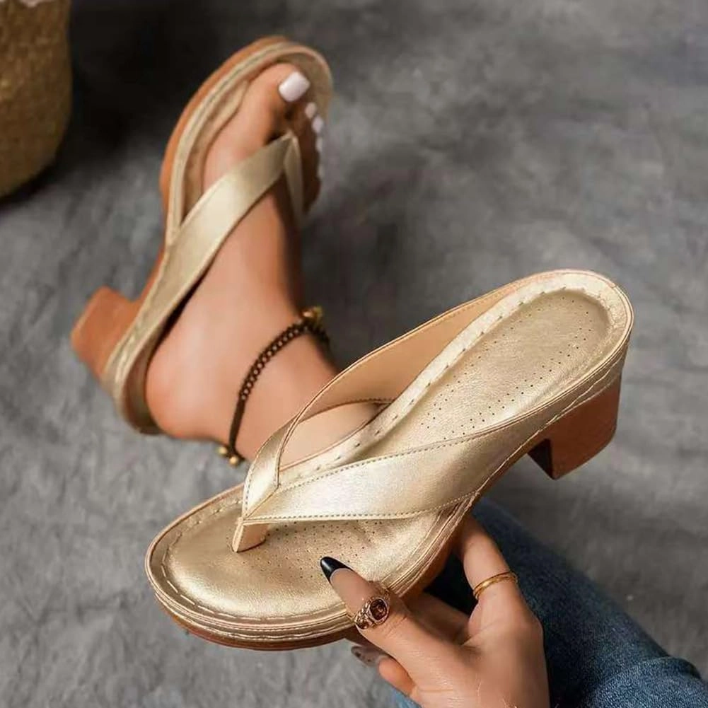 Women's Solid Color Summer Chunky Heel Sandals, Comfortable Arch Support Slides, Open Toe Square Toe Slip On Flip Flops Slippers