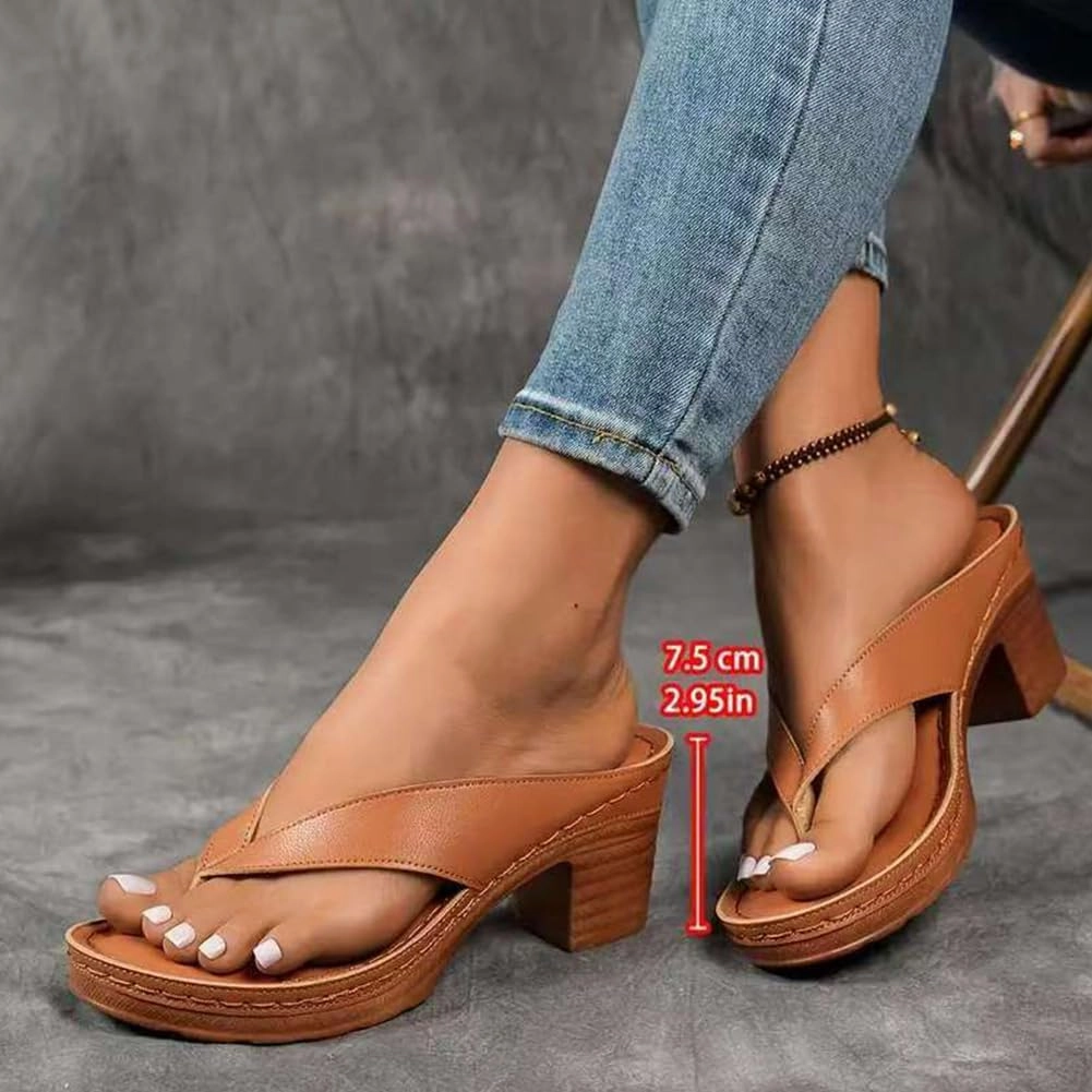 Women's Solid Color Summer Chunky Heel Sandals, Comfortable Arch Support Slides, Open Toe Square Toe Slip On Flip Flops Slippers