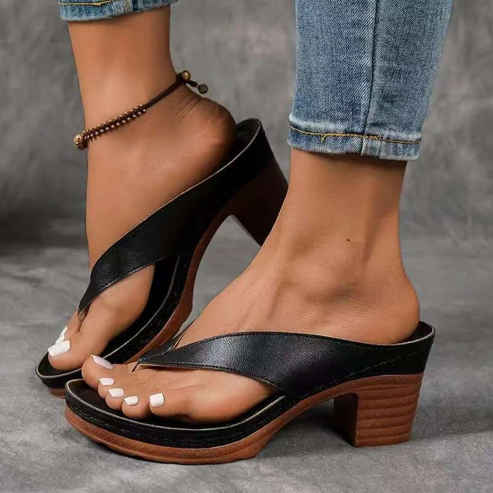 Women's Solid Color Summer Chunky Heel Sandals, Comfortable Arch Support Slides, Open Toe Square Toe Slip On Flip Flops Slippers