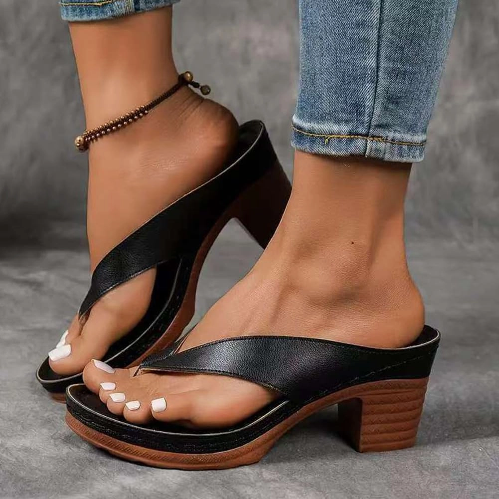 Women's Solid Color Summer Chunky Heel Sandals, Comfortable Arch Support Slides, Open Toe Square Toe Slip On Flip Flops Slippers