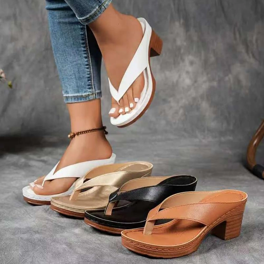Women's Solid Color Summer Chunky Heel Sandals, Comfortable Arch Support Slides, Open Toe Square Toe Slip On Flip Flops Slippers