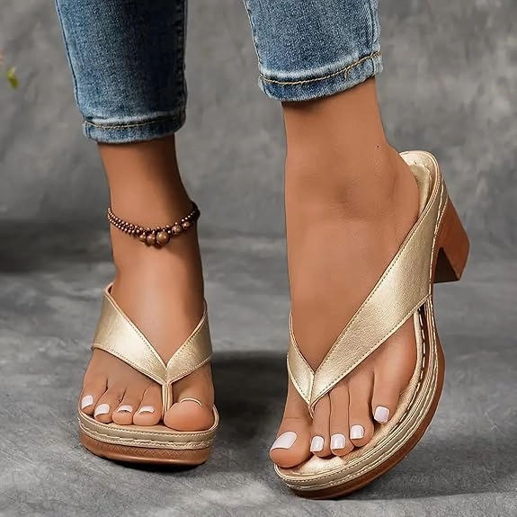 Women's Solid Color Summer Chunky Heel Sandals Slip on Open Toe Square Toe Womens Solid Color Flip Flops Comfortable Arch Support Flip Flops Heeled Shoes Wedges