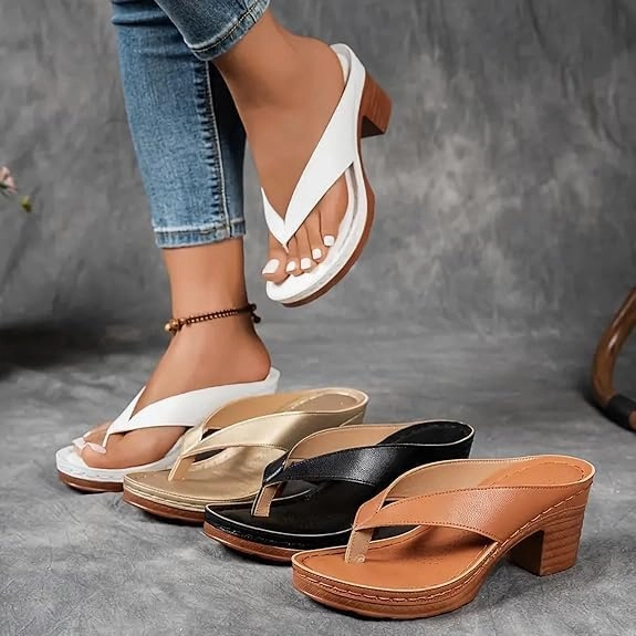 Women's Solid Color Summer Chunky Heel Sandals Slip on Open Toe Square Toe Womens Solid Color Flip Flops Comfortable Arch Support Flip Flops Heeled Shoes Wedges