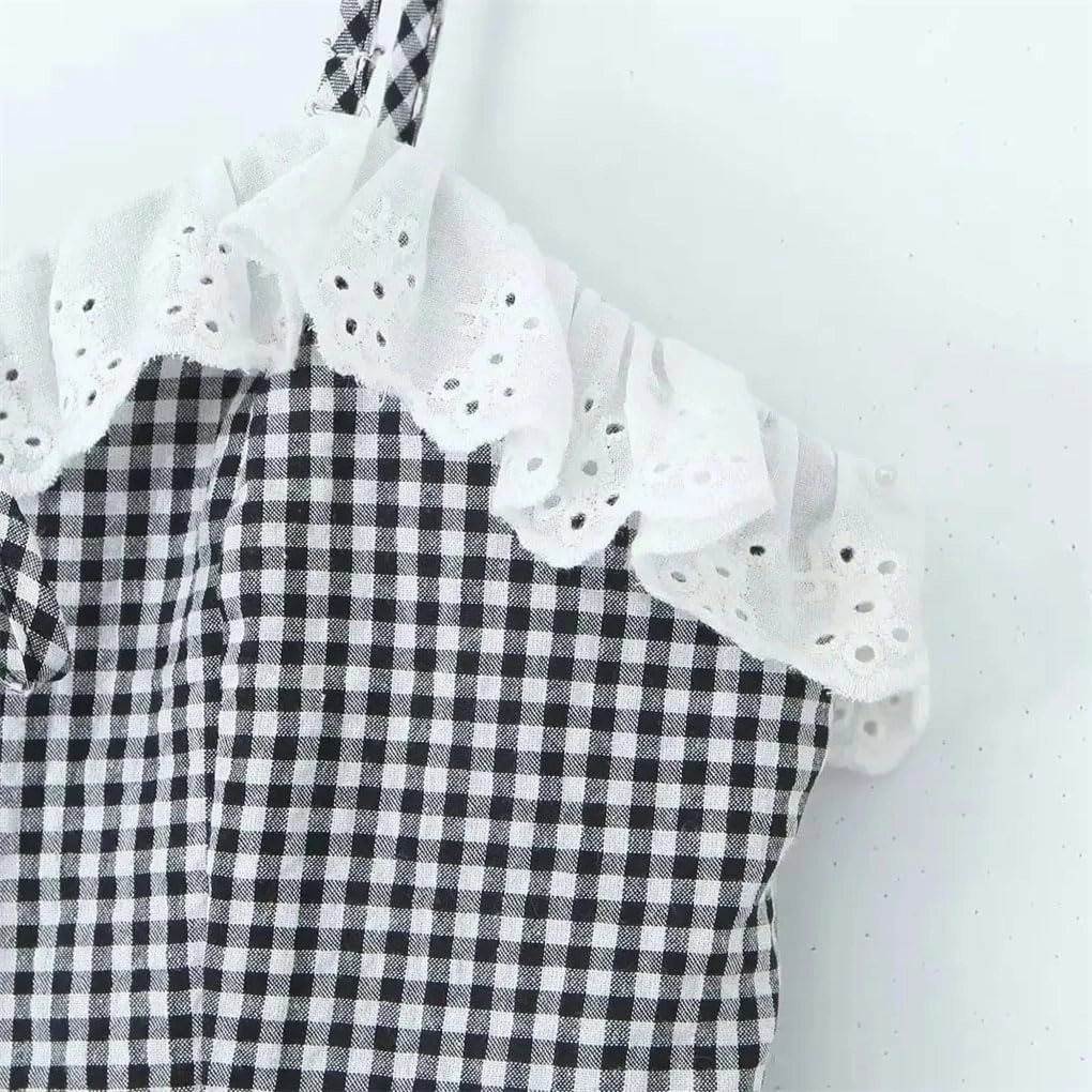 Women's Vintage Plaid Dress Spaghetti Strap Square Neck Backless Elastic Waist A-Line Dresses