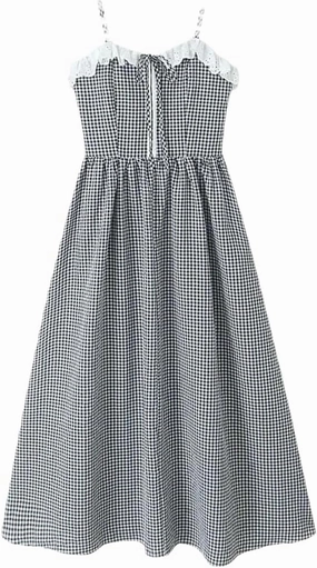 Women's Vintage Plaid Dress Spaghetti Strap Square Neck Backless Elastic Waist A-Line Dresses