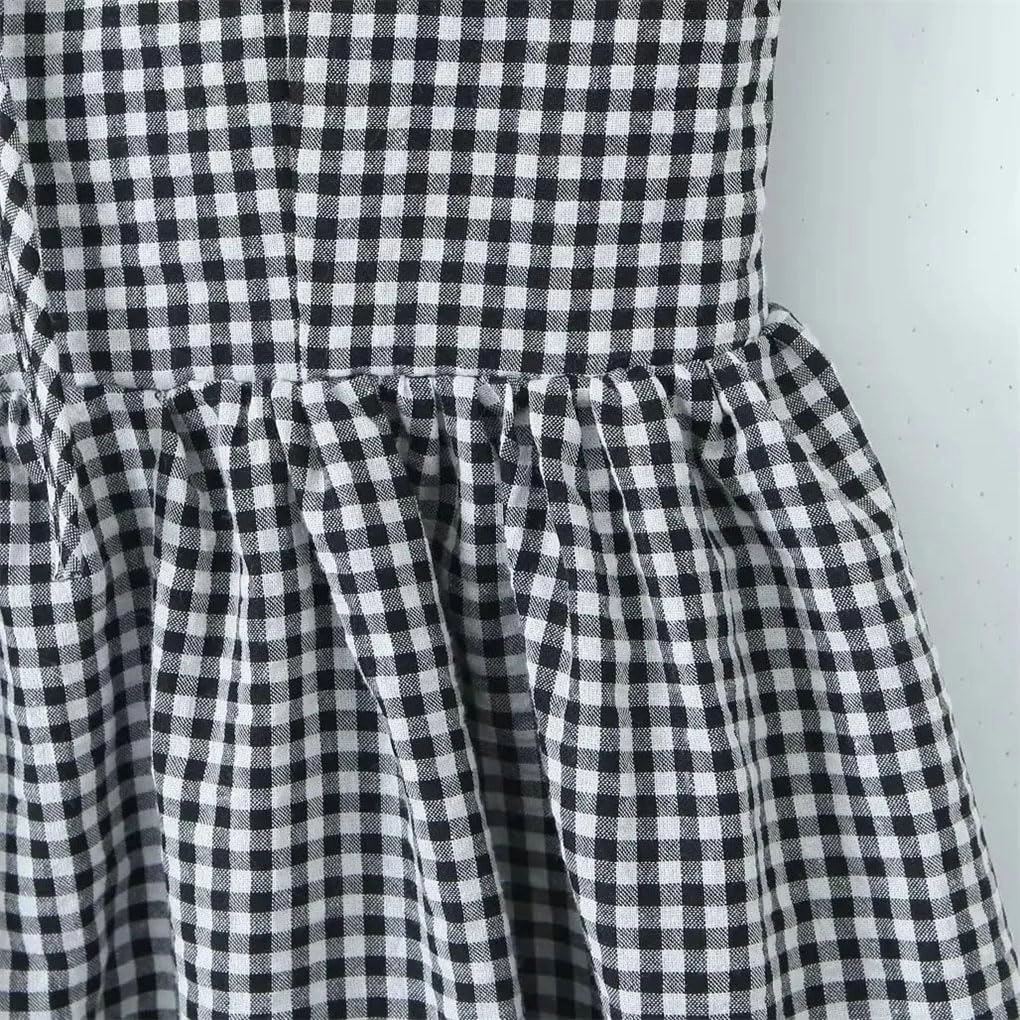 Women's Vintage Plaid Dress Spaghetti Strap Square Neck Backless Elastic Waist A-Line Dresses