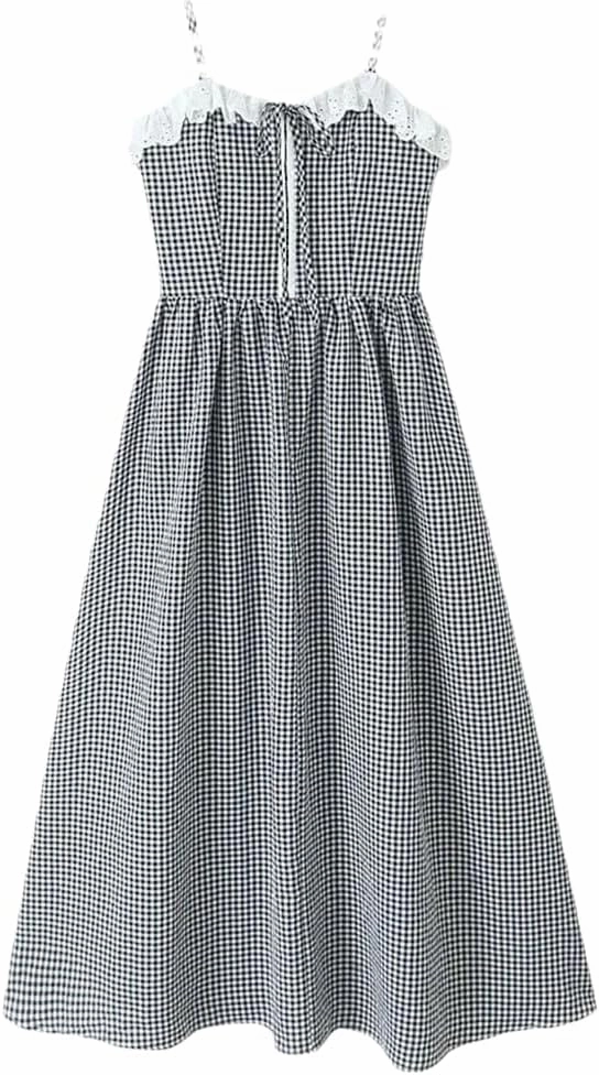 Women's Vintage Plaid Dress Spaghetti Strap Square Neck Backless Elastic Waist A-Line Dresses