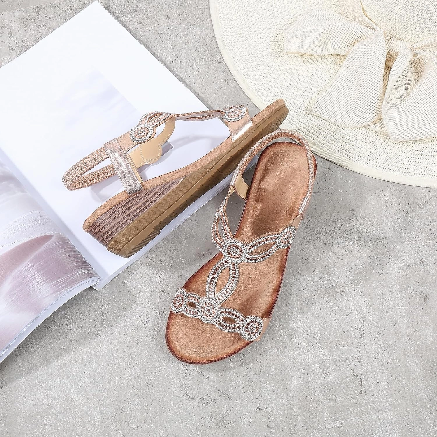 Women's Wedge Sandals Summer Comfortable Casual Bohemian Rhinestone Platform Outdoor Beach Shoes