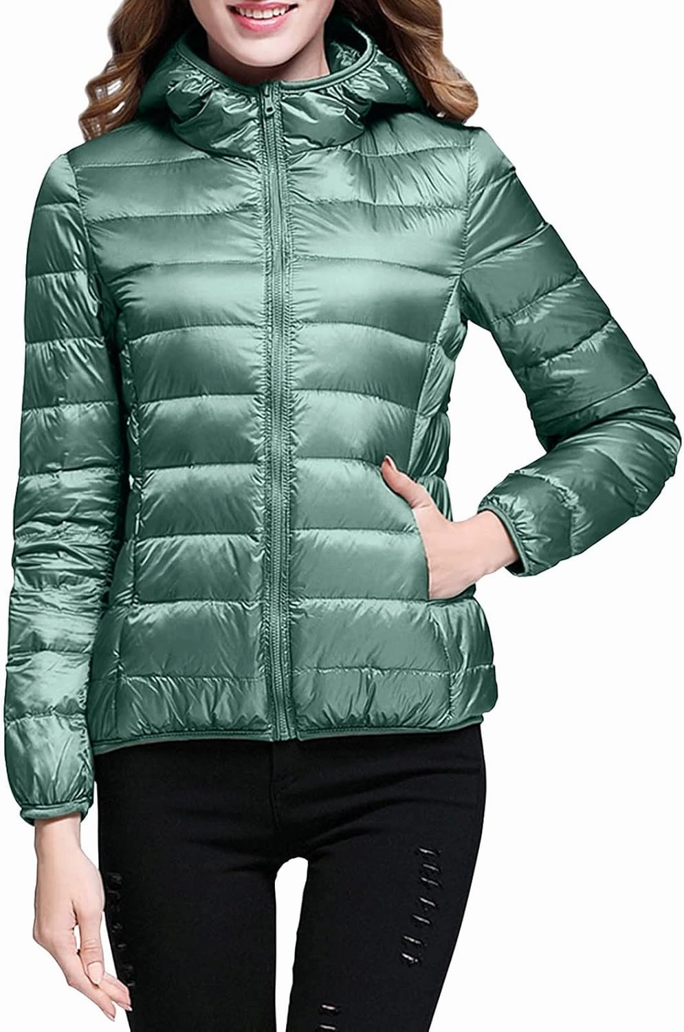 Women's Winter Coats Lightweight Packable Hooded Puffer Jacket Warm Down Coat Ski Coat Long Sleeve Zip Up Quilted Overcoat