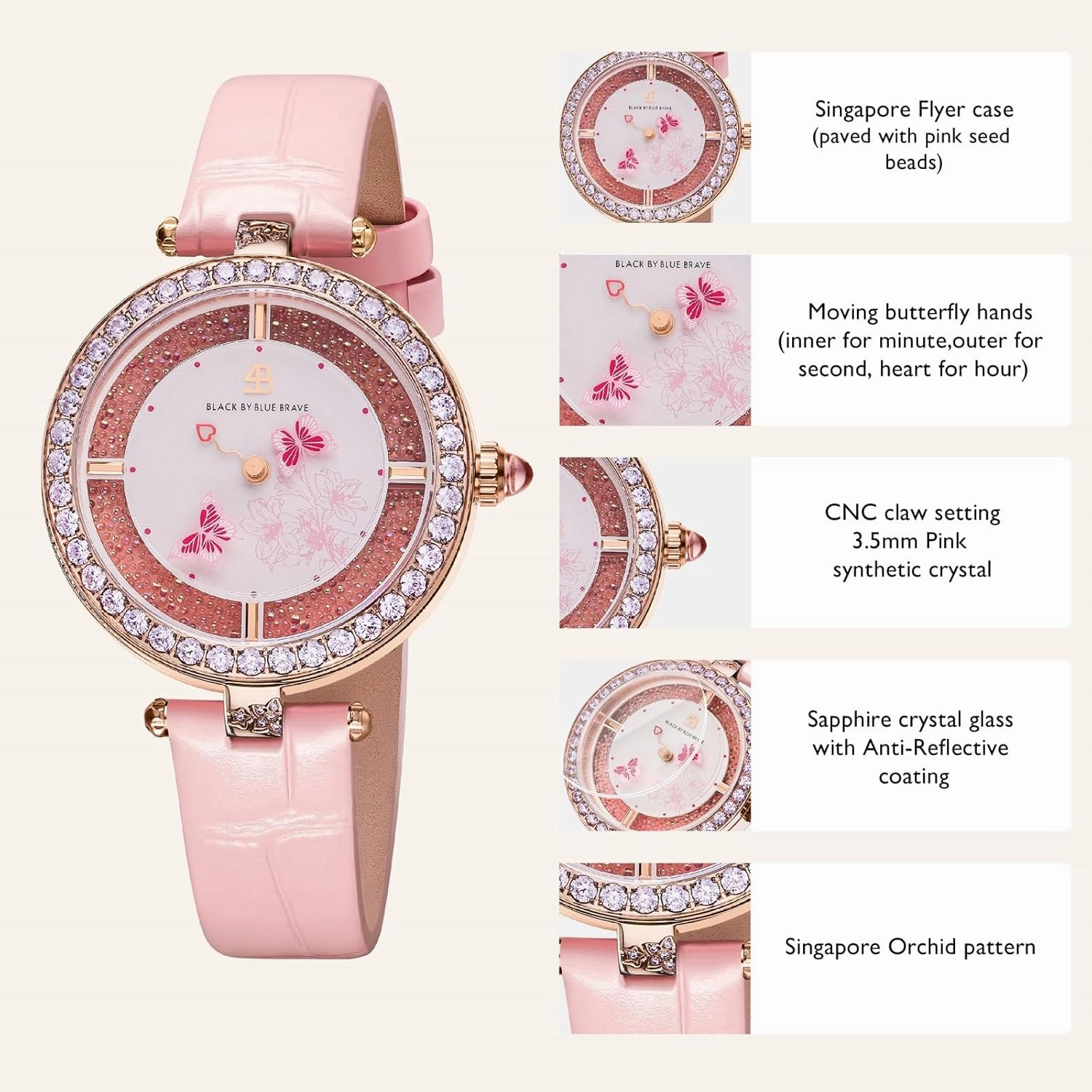Women Watches Moving Butterfly Hands Blue Dial with Genuine Leather Strap Watch for Women Butterfly Watches Womens Wrist Watch