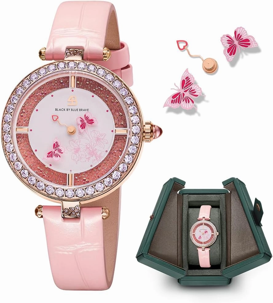 Women Watches Moving Butterfly Hands Blue Dial with Genuine Leather Strap Watch for Women Butterfly Watches Womens Wrist Watch