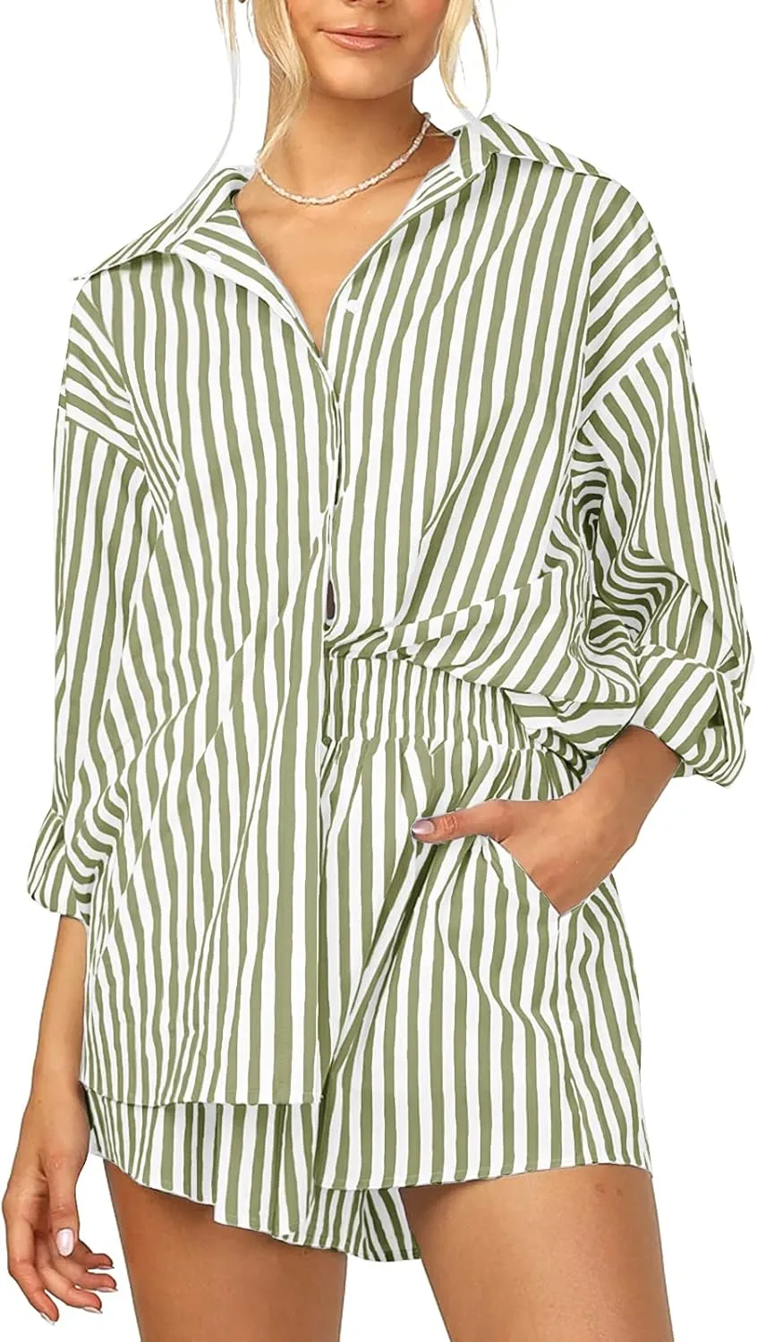 Women’s 2 Piece Outfits Sets Casual Oversized Relaxed Long Sleeve Shirt Loose High Waisted Side Pocket Shorts Set