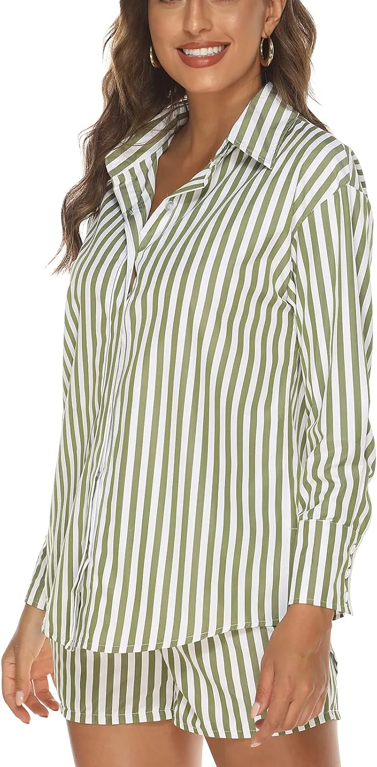 Women’s 2 Piece Outfits Sets Casual Oversized Relaxed Long Sleeve Shirt Loose High Waisted Side Pocket Shorts Set