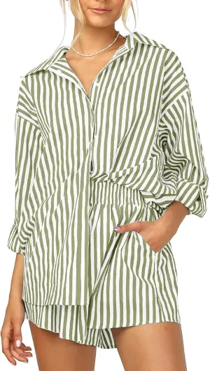 Women’s 2 Piece Outfits Sets Casual Oversized Relaxed Long Sleeve Shirt Loose High Waisted Side Pocket Shorts Set