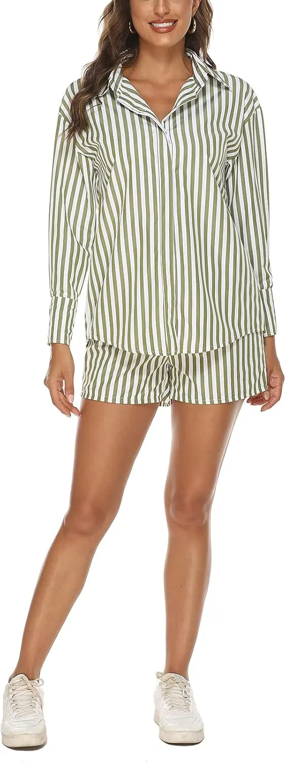 Women’s 2 Piece Outfits Sets Casual Oversized Relaxed Long Sleeve Shirt Loose High Waisted Side Pocket Shorts Set