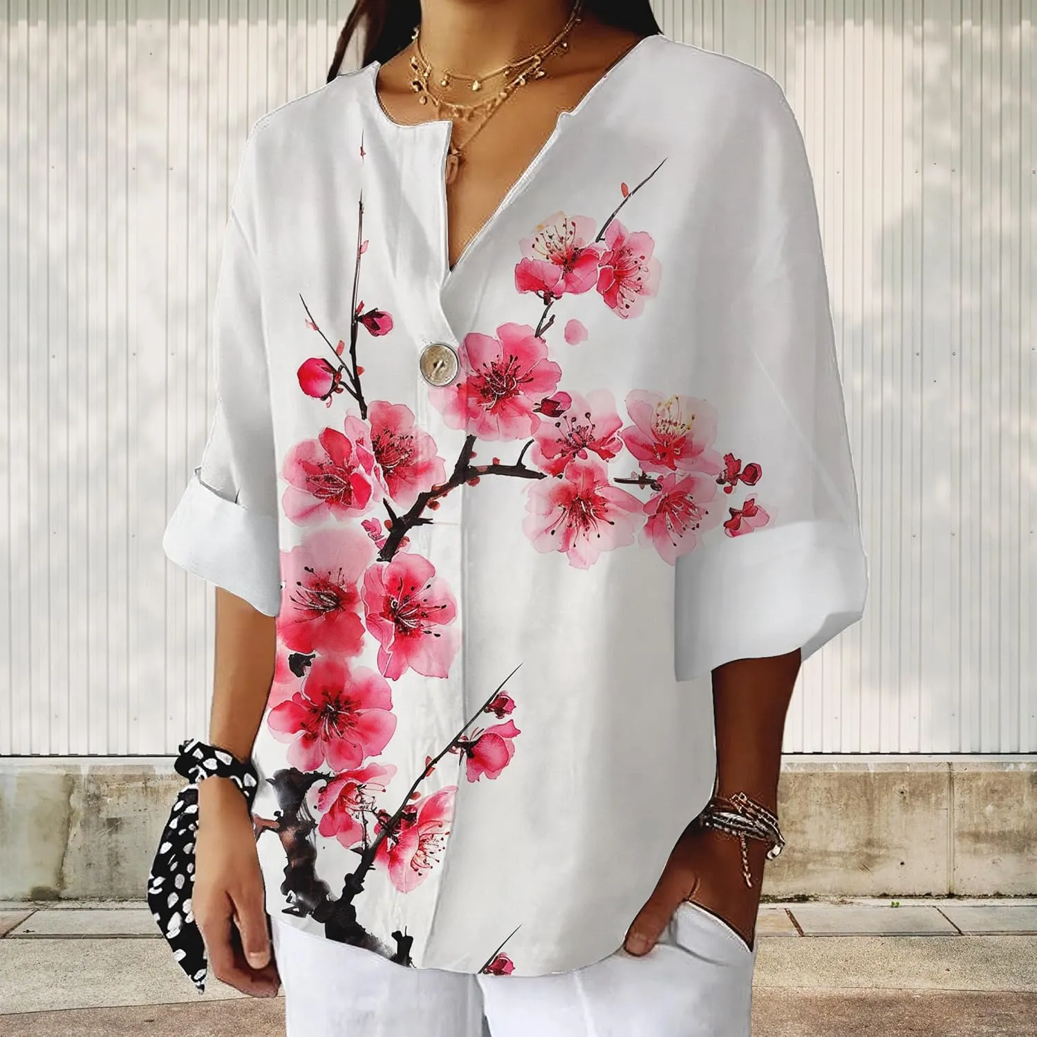 Women's 3/4 Sleeve Tops Boho Floral Print Plum Blossom Shirt V Neck Button Casual Loose Fit Summer Trendy Blouses