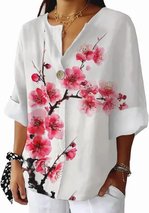 Women's 3/4 Sleeve Tops Boho Floral Print Plum Blossom Shirt V Neck Button Casual Loose Fit Summer Trendy Blouses