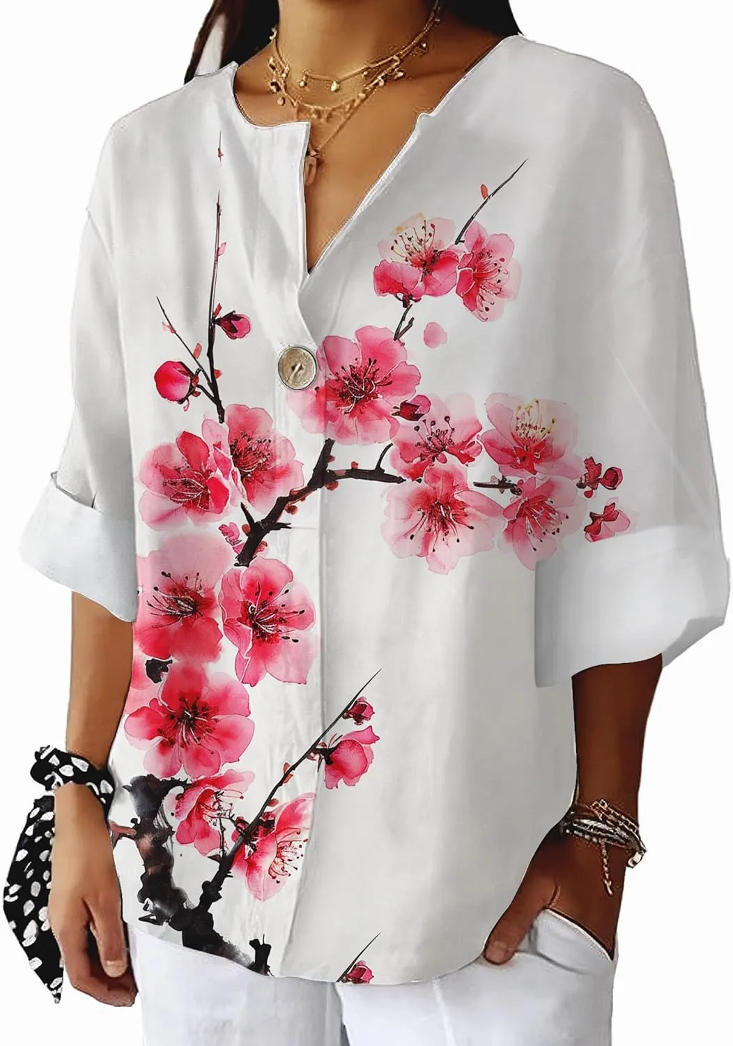 Women's 3/4 Sleeve Tops Boho Floral Print Plum Blossom Shirt V Neck Button Casual Loose Fit Summer Trendy Blouses