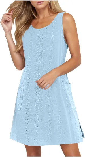 Women's Casual Dresses Soft Sleeveless Crewneck Summer Vacation Dresses with Pockets Relaxed Size Mini Dresses