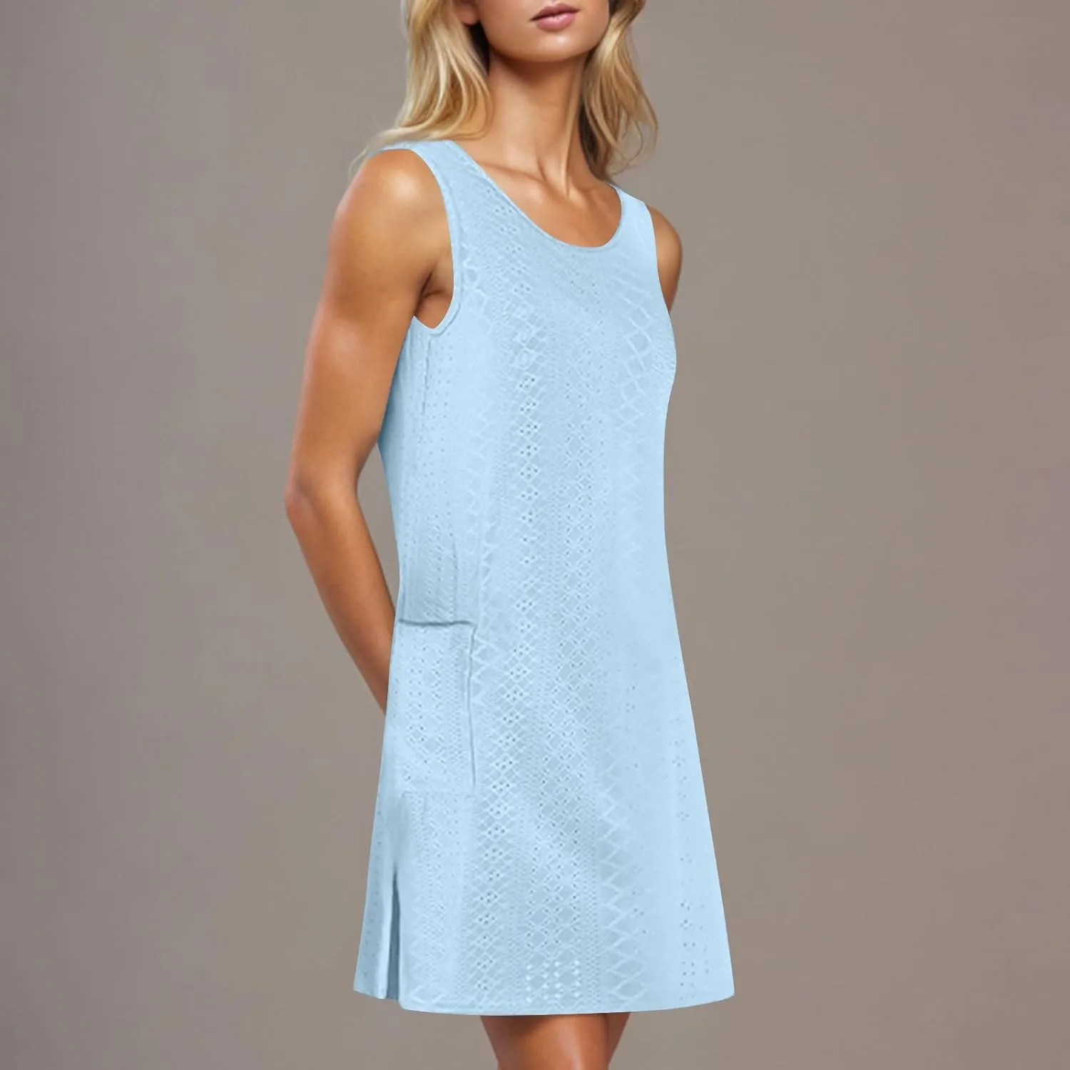 Women's Casual Dresses Soft Sleeveless Crewneck Summer Vacation Dresses with Pockets Relaxed Size Mini Dresses