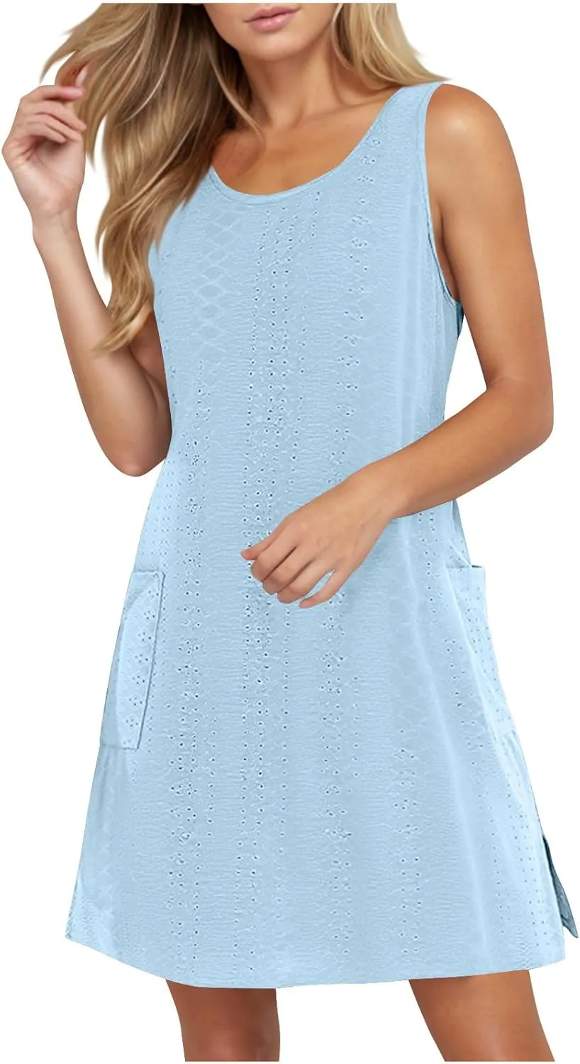 Women's Casual Dresses Soft Sleeveless Crewneck Summer Vacation Dresses with Pockets Relaxed Size Mini Dresses