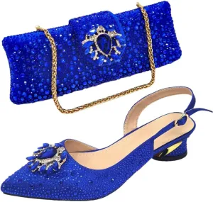 Women's Champagne Diamond Pointed-Toe Medium Heel Pumps with Matching Bag Buckle Strap Shoes