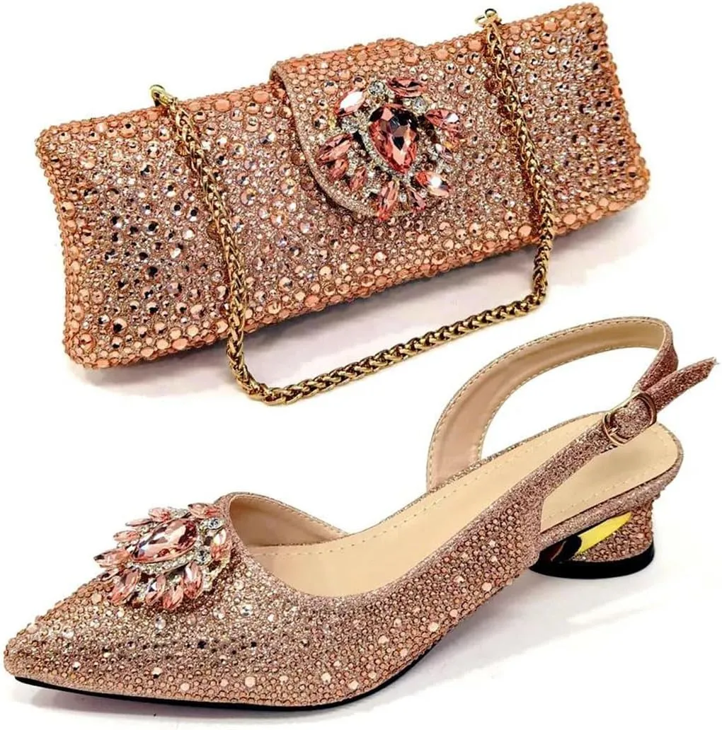 Women's Champagne Diamond Pointed-Toe Medium Heel Pumps with Matching Bag Buckle Strap Shoes