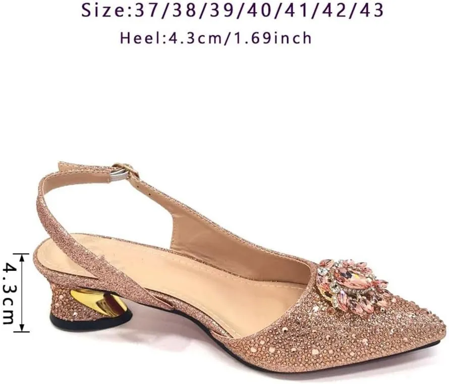 Women's Champagne Diamond Pointed-Toe Medium Heel Pumps with Matching Bag Buckle Strap Shoes