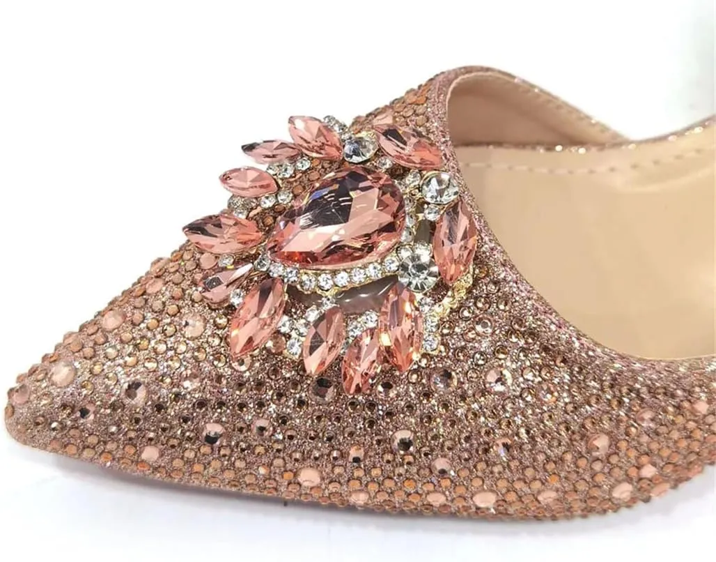 Women's Champagne Diamond Pointed-Toe Medium Heel Pumps with Matching Bag Buckle Strap Shoes