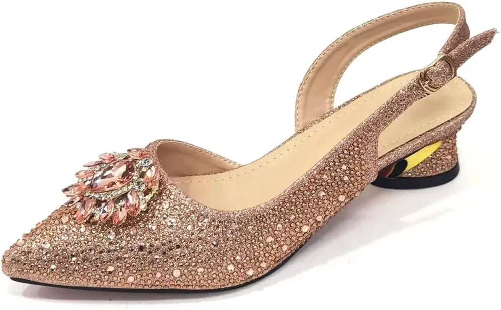 Women's Champagne Diamond Pointed-Toe Medium Heel Pumps with Matching Bag Buckle Strap Shoes