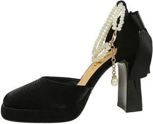 Women's Closed Toe Satin Back Bow Thick Heel Pearl Ankle Strap Platform High Heels Chunky Block Heels Comfortable Wedding Party Dress Shoes