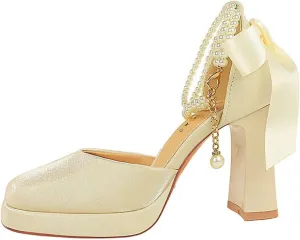 Women's Closed Toe Satin Back Bow Thick Heel Pearl Ankle Strap Platform High Heels Chunky Block Heels Comfortable Wedding Party Dress Shoes