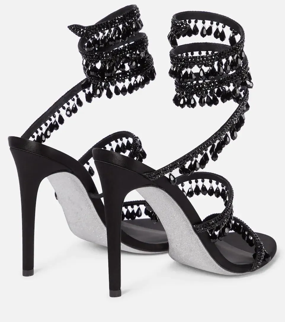Women's Crystal Wrap Lace Up Stiletto High Heels Slingback Round Toe Lace Up Tassel Wrap Around High Heel Sandals