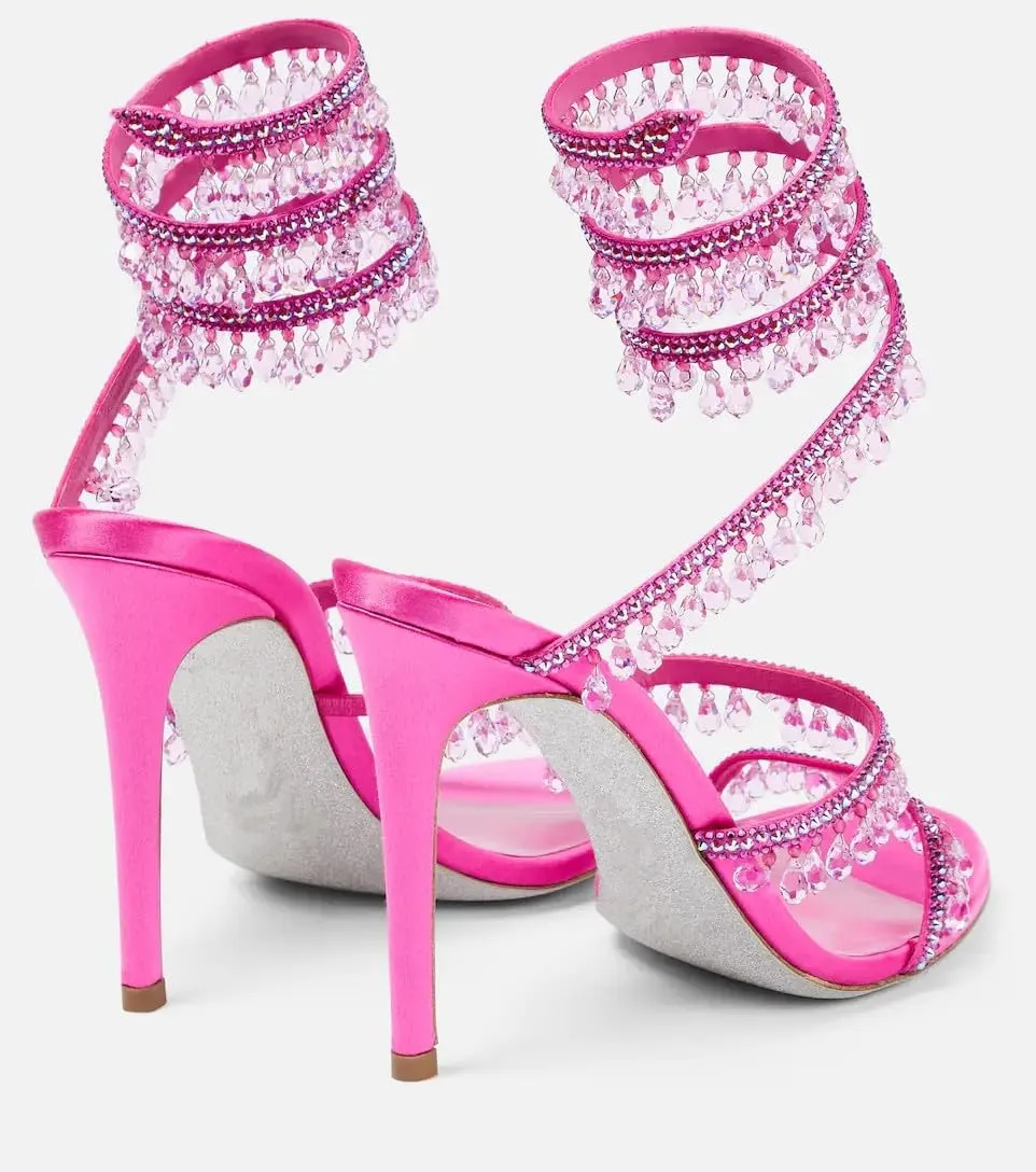 Women's Crystal Wrap Lace Up Stiletto High Heels Slingback Round Toe Lace Up Tassel Wrap Around High Heel Sandals