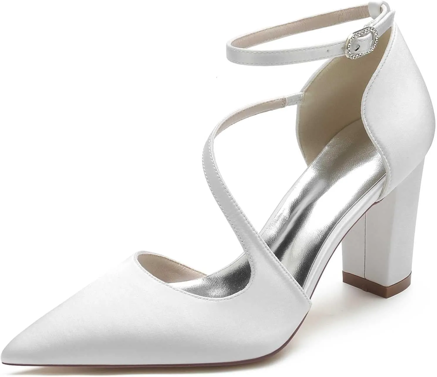 Women's Elegant High Heel Pointed Toe Satin Sandals with Floral Buckle - Chunky Heels, Closed Toe - Comfortable & Dressy for Special Occasions