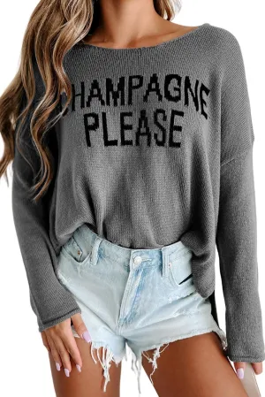 Womens Fashion 2025 Champagne Please Graphic Long Sleeve Pullover Sweater Loose Crewneck Knitted Sweatshirt Tops